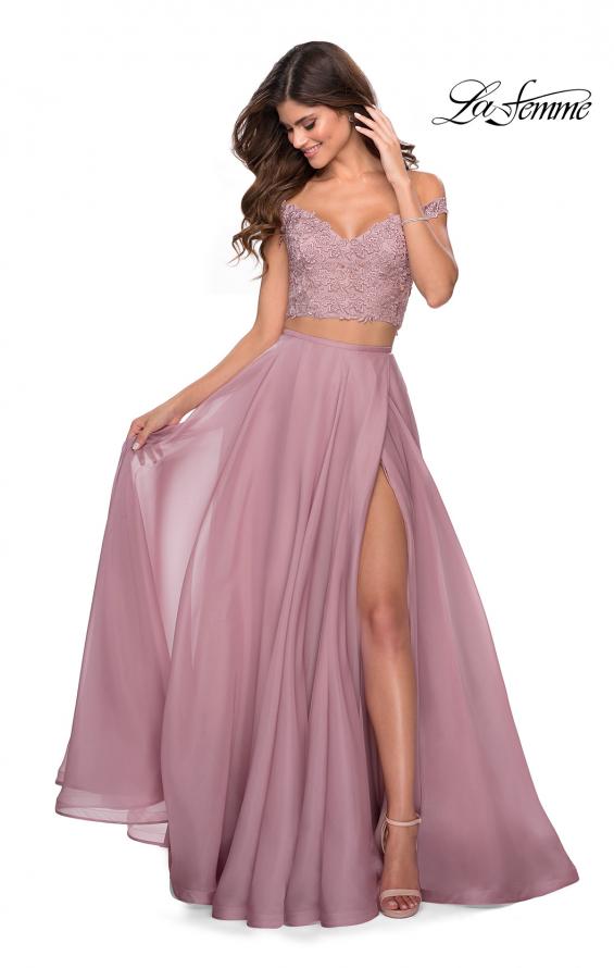 Picture of: Two Piece Dress with Sheer Off the Shoulder Top in Mauve, Style: 28704, Detail Picture 1