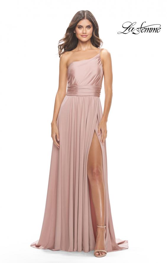 Picture of: Chic One Shoulder Long Jersey Gown with Defined Waist in Mauve, Style: 31170, Detail Picture 1