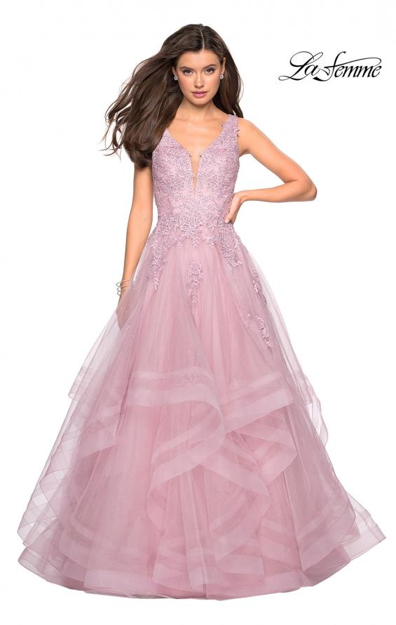Picture of: Layered Tulle Long Prom Gown with Lace Appliques in Mauve, Style: 27256, Detail Picture 2