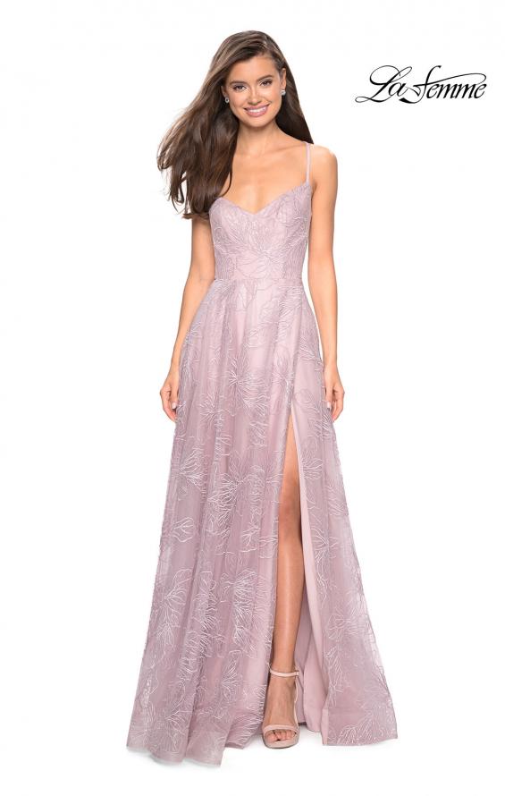 Picture of: Lace Prom Dress with Floral Detail and Side Leg Slit in Mauve, Style: 27704, Detail Picture 2