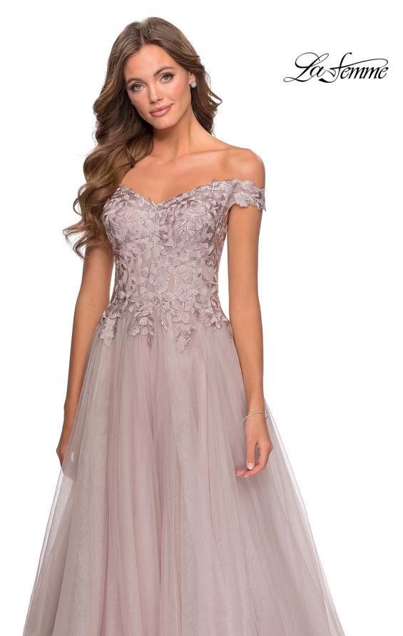 Picture of: Off the Shoulder Tulle Gown with Sheer Floral Bodice in Mauve, Style: 28598, Detail Picture 2