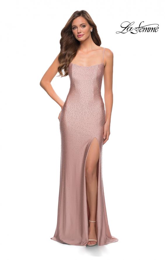 Picture of: Open Strappy Back Jersey Gown with Rhinestones in Mauve, Style 29899, Detail Picture 2