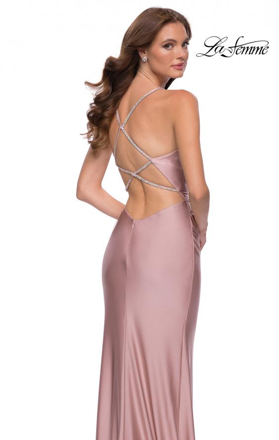 Picture of: Fitted Jersey Gown with Draped Neckline and Beaded Straps in Mauve, Style 29918, Detail Picture 2