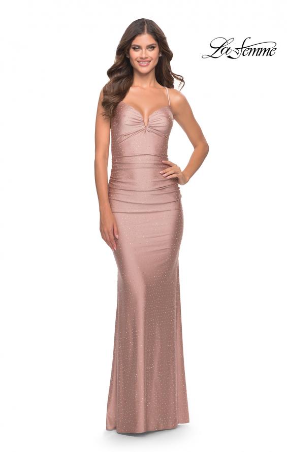 Picture of: Rhinestone Ruched Jersey Prom Dress with Lace Up Back in Mauve, Style: 31201, Detail Picture 3