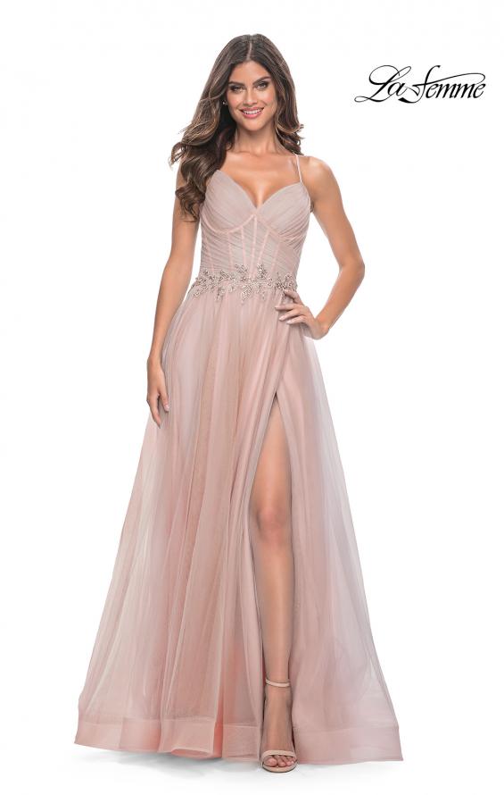 Picture of: A-Line Prom Gown with Ruched Bodice and Rhinestone Belt Detail in Mauve, Style: 32117, Detail Picture 3