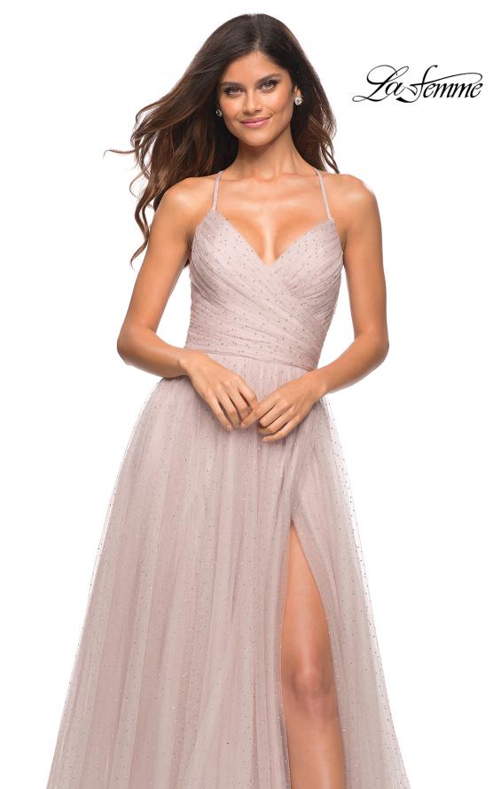Picture of: Rhinestone Tulle Ballgown with Slit and Lace Up Back in Mauve, Detail Picture 4