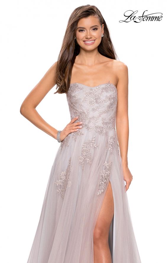 Picture of: Long Strapless Tulle Prom Dress with Floral Appliques in Mauve/Silver, Style: 27803, Detail Picture 1