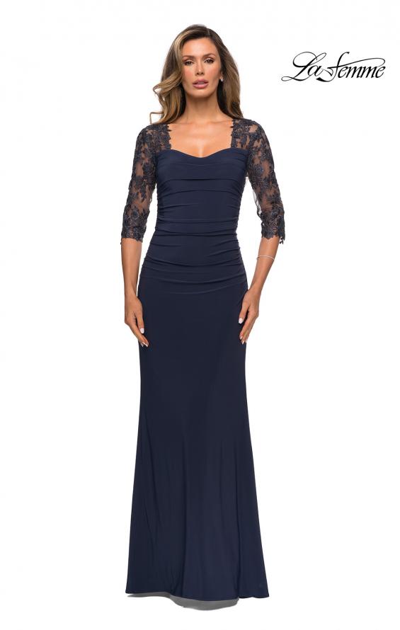 Picture of: Jersey Gown with Sheer Lace Sleeves and Ruching in Midnight Blue, Style: 28056, Detail Picture 1