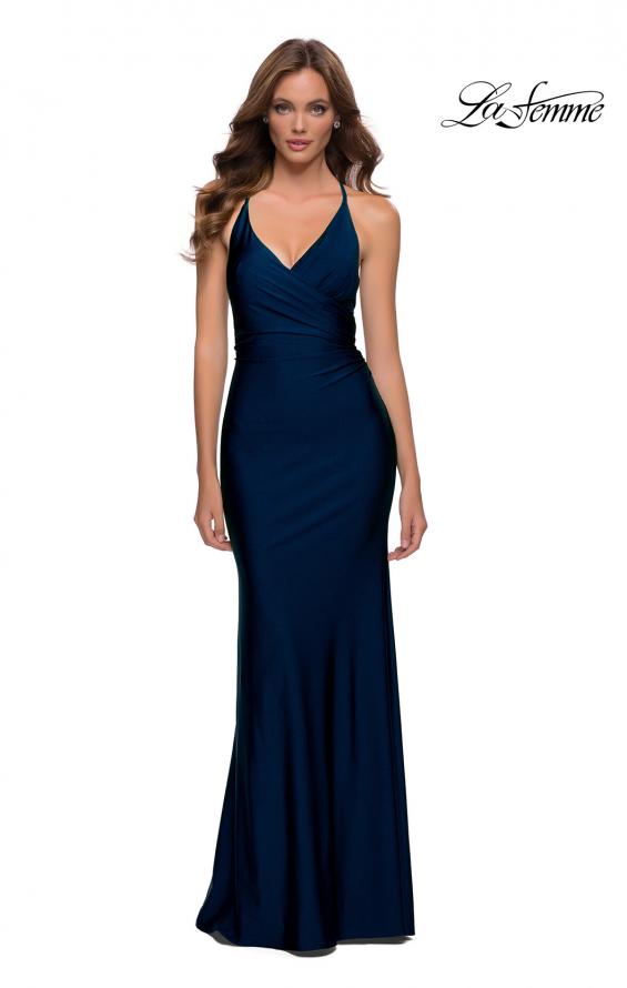 Picture of: Fitted Long Jersey Gown with Criss Cross Bodice in Midnight Blue, Style 29848, Detail Picture 2