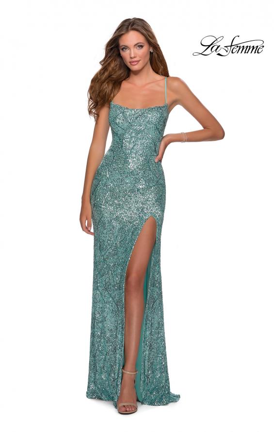 Picture of: Long Sequin Pattern Prom Dress with Tie Up Back in Mint, Style: 28516, Main Picture