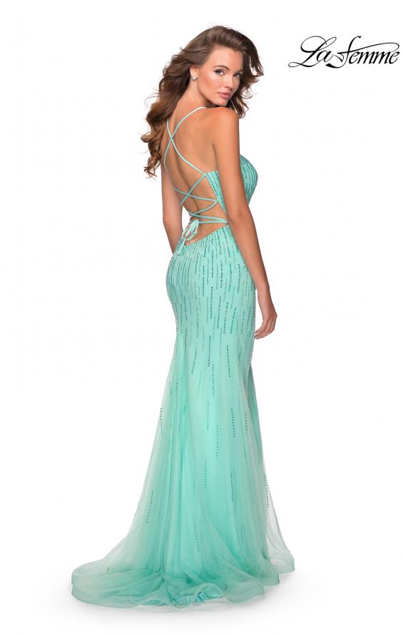 Picture of: Long Jeweled Pastel Prom Gown with Lace Up Back in Mint, Style: 28622, Detail Picture 9