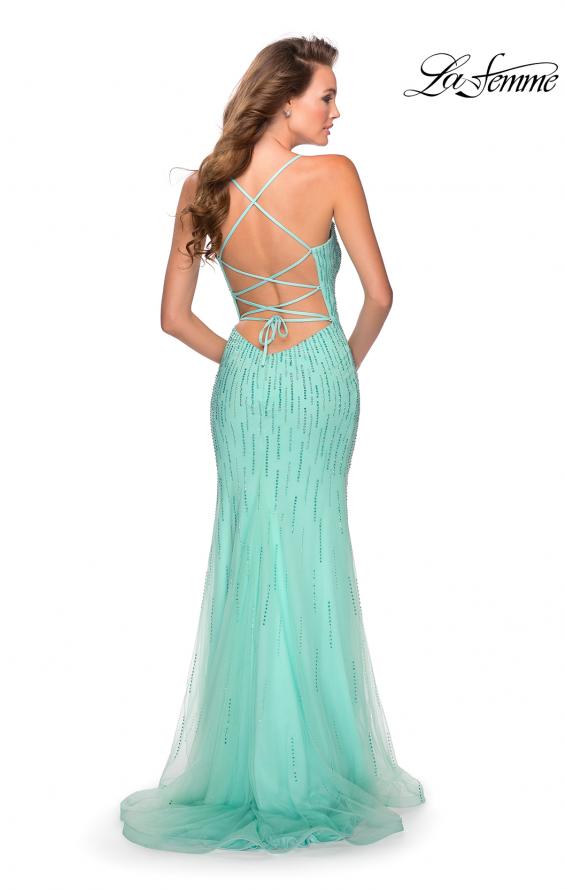 Picture of: Long Jeweled Pastel Prom Gown with Lace Up Back in Mint, Style: 28622, Back Picture