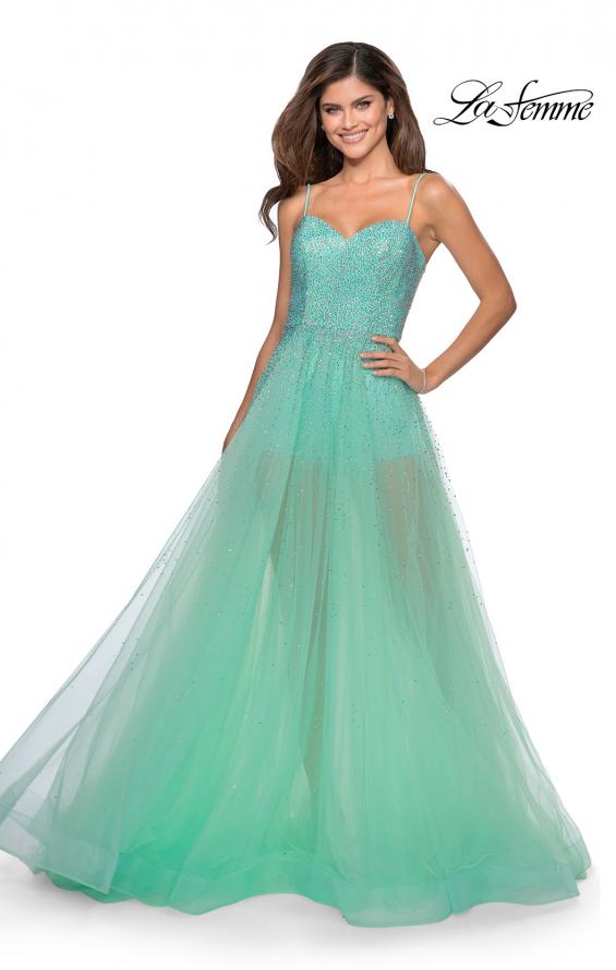 Picture of: Strapless Beaded Net Prom Dress with Sheer Bodice in Mint, Style: 28902, Detail Picture 1