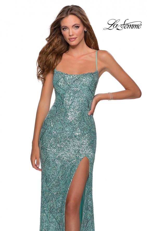 Picture of: Long Sequin Pattern Prom Dress with Tie Up Back in Mint, Style: 28516, Detail Picture 3