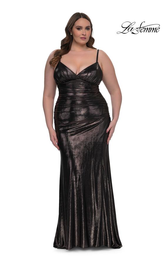 Picture of: Metallic Plus Size Prom Dress with Flattering Ruching in Mocha , Style: 33020, Detail Picture 3