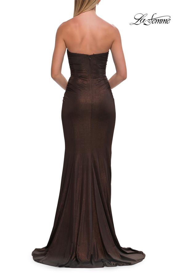 Brown Picture of: Strapless Metallic Jersey Gown with Ruching and Fitted Silhouette in Mocha, Style: 33424, Detail Picture 16