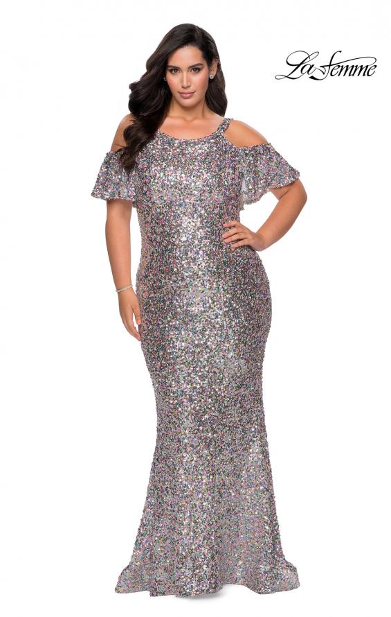 Picture of: Cold Shoulder Sequin Plus Size Dress with Ruffle Sleeves in Multi, Style: 28947