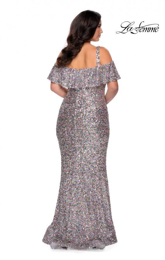 Picture of: Cold Shoulder Sequin Plus Size Dress with Ruffle Sleeves in Silver, Style: 28947, Back Picture
