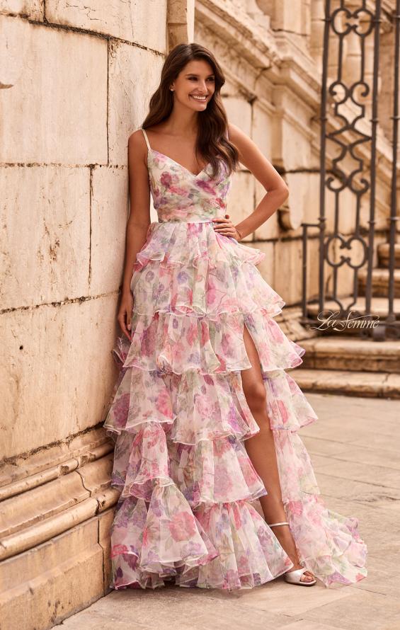 Print Picture of: Floral Ruffle Tiered Gown with Slit and Spaghetti Straps in Multi, Style: 33740, Main Picture