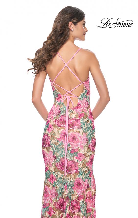 Picture of: Beautiful Rose Lace Print Stretch Gown with V Neck in Multi, Style: 32095, Back Picture