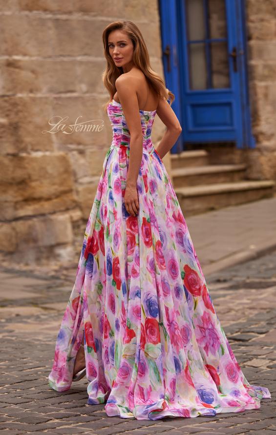 Print Picture of: Floral A-Line Chiffon Gown with Ruched Bodice and High Slit in Multi, Style: 33487, Back Picture