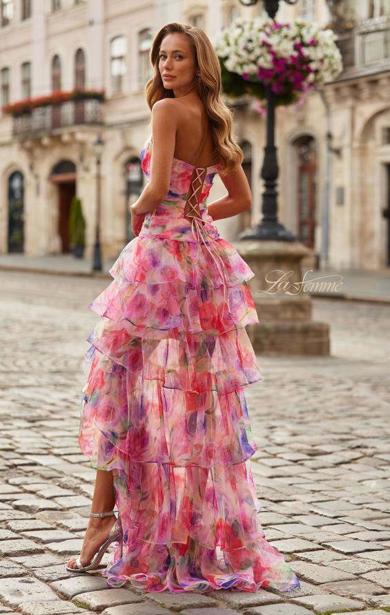Picture of: Strapless Tiered Ruffle Gown with Floral Print in Multi, Style: 33555, Back Picture
