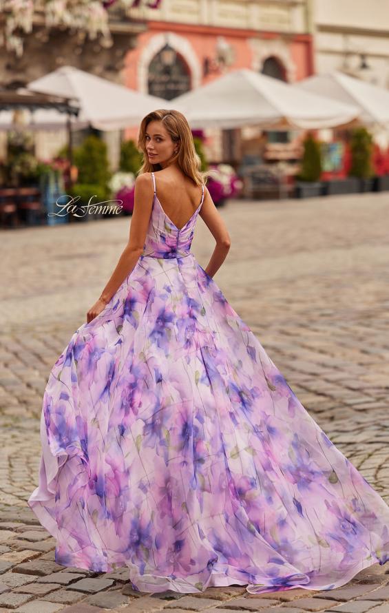 Print Picture of: Floral A-Line Gown with Plunging Neckline in Multi, Style: 33606, Back Picture