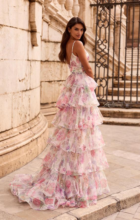 Print Picture of: Floral Ruffle Tiered Gown with Slit and Spaghetti Straps in Multi, Style: 33740, Back Picture