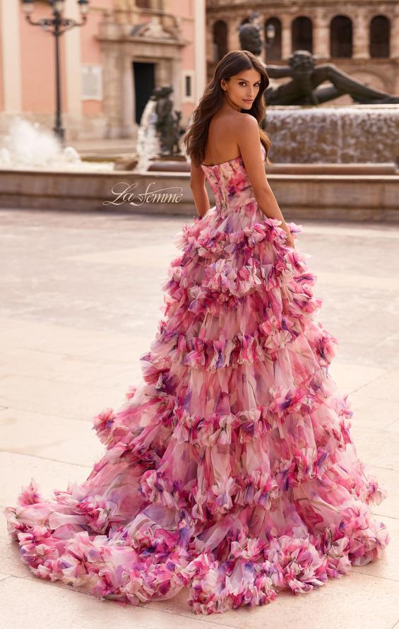 Print Picture of: Strapless Tiered Floral Ruffle Gown with High Slit in Multi, Style: 33842, Back Picture
