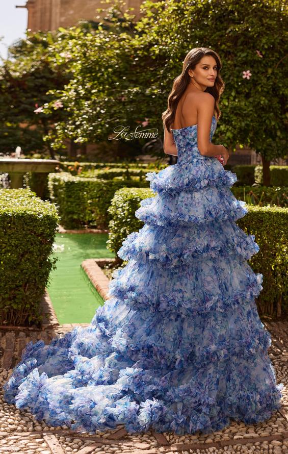 Picture of: Strapless Layered Ruffle Gown with High Slit in Multi, Style: 33855, Back Picture