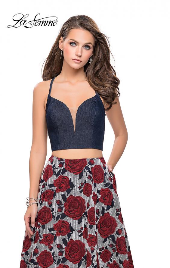 Picture of: Two Piece Denim A-line Dress with Floral Print Skirt in Multi, Style: 25789, Detail Picture 1