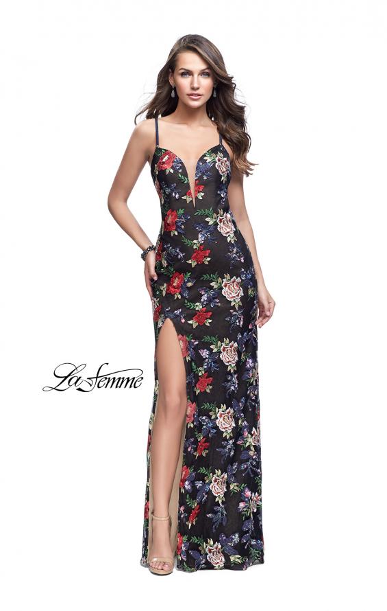 Picture of: Floral Print Prom Gown with Plunging Neckline and Leg Slit in Multi, Style: 25900, Detail Picture 1