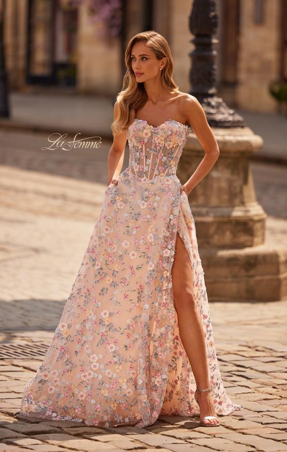 Picture of: 3D Floral Corset A-Line Prom Gown with High Slit in Multi, Style: 33409, Detail Picture 1