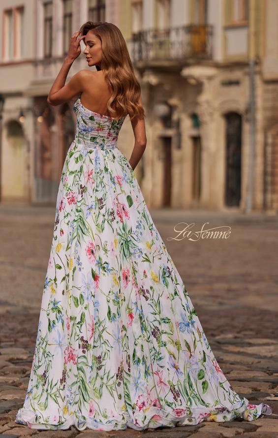 Print Picture of: Floral Print A-Line Chiffon Gown with High Slit in Multi, Style: 33450, Detail Picture 1