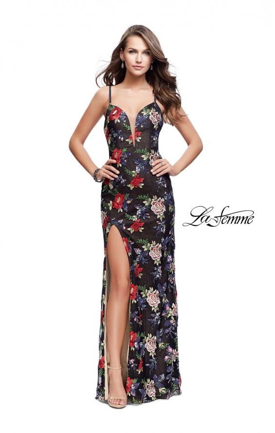 Picture of: Floral Print Prom Gown with Plunging Neckline and Leg Slit in Multi, Style: 25900, Detail Picture 2