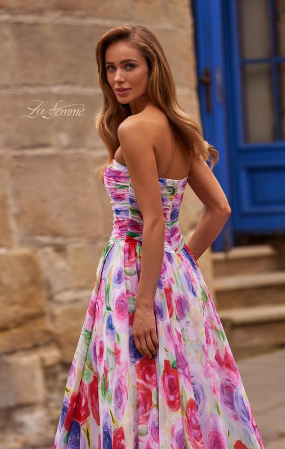 Print Picture of: Floral A-Line Chiffon Gown with Ruched Bodice and High Slit in Multi, Style: 33487, Detail Picture 2