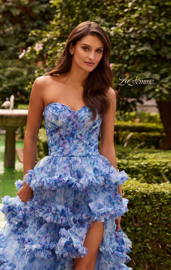 Picture of: Strapless Layered Ruffle Gown with High Slit in Multi, Style: 33855, Detail Picture 4