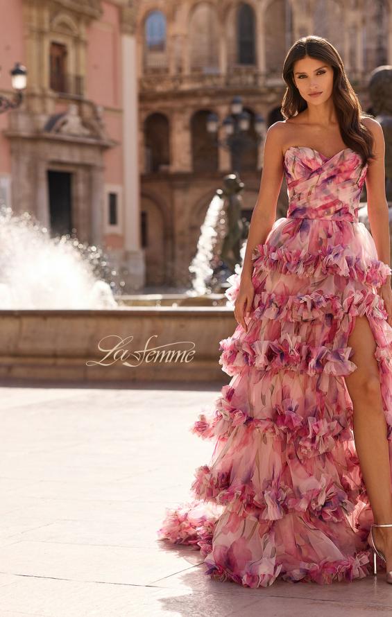 Print Picture of: Strapless Tiered Floral Ruffle Gown with High Slit in Multi, Style: 33842, Detail Picture 6