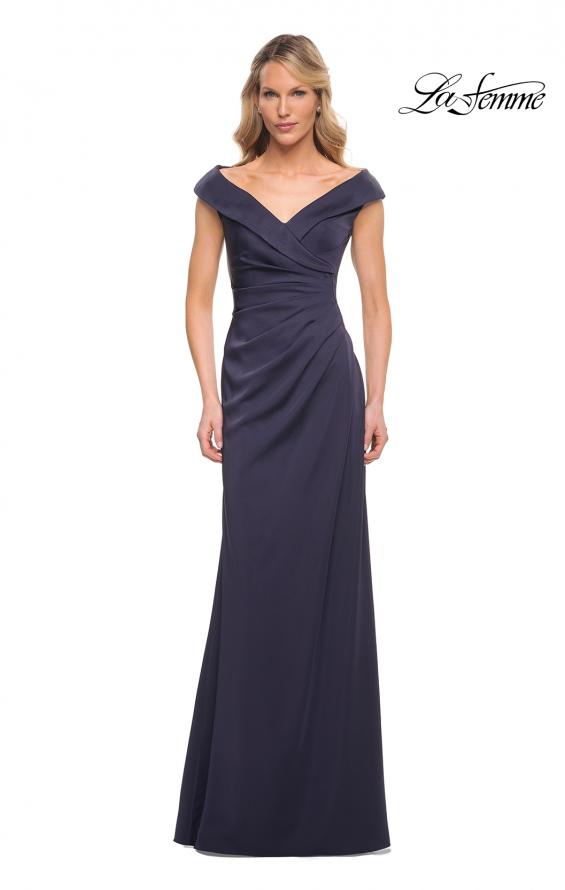 Picture of: Satin Floor Length Gown with Ruched Detailing in Navy, Style: 26523, Detail Picture 1