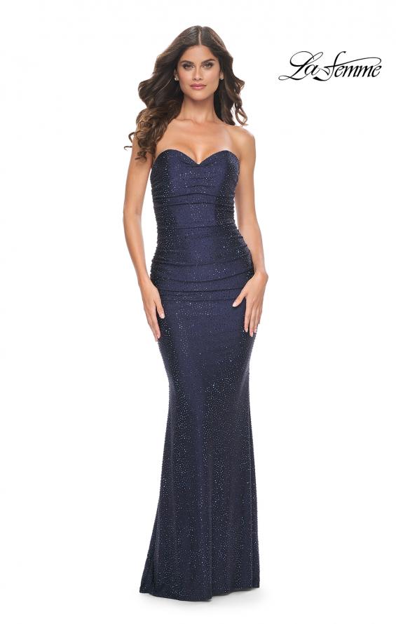 Picture of: Rhinestone Embellished Jersey Dress with Strapless Sweetheart Top in Navy, Style: 31945, Detail Picture 9