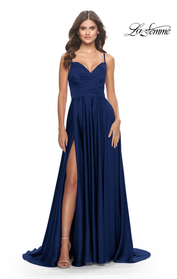 Picture of: Luxury Satin Gown with Criss Cross Bodice in Navy, Style: 31233, Detail Picture 1