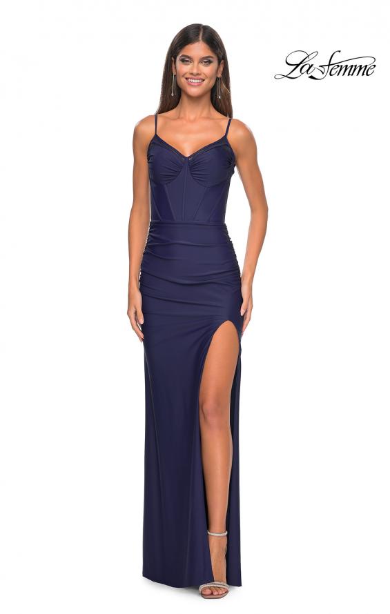 Picture of: Bustier Jersey Dress with Ruching and High Neckline in Navy Blue, Style: 32238, Detail Picture 1