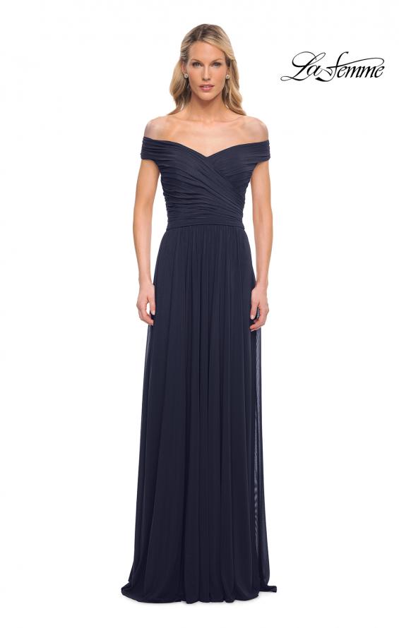 Picture of: Off the Shoulder Net Jersey Long Dress with Ruching in Navy, Detail Picture 8