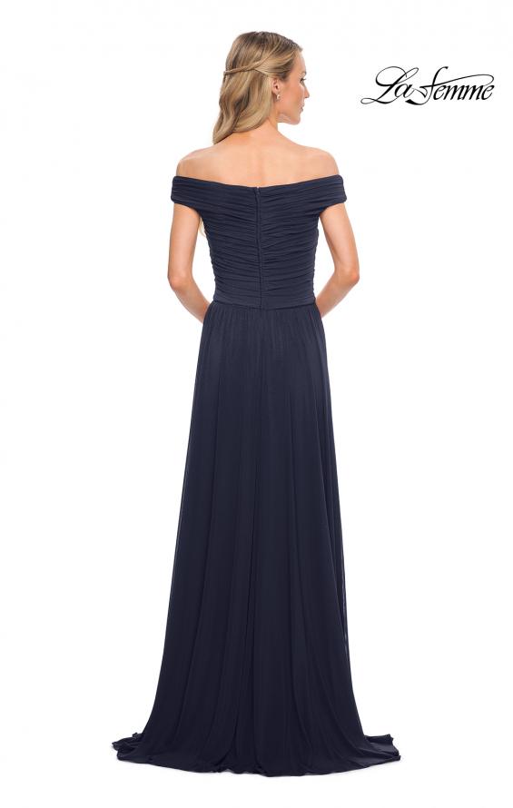 Picture of: Off the Shoulder Net Jersey Long Dress with Ruching in Navy, Detail Picture 9