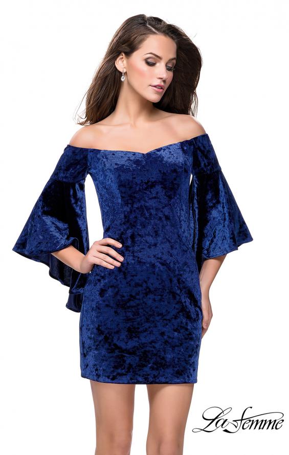 Picture of: Trendy Velvet Dress with Off the Shoulder Bell Sleeves in Navy, Style: 26640, Main Picture