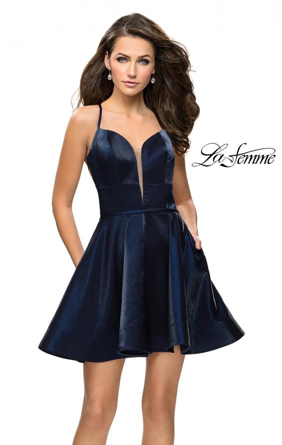 Picture of: Fit and Flare Satin Short Dress with Deep Neckline in Navy, Style: 26659, Main Picture