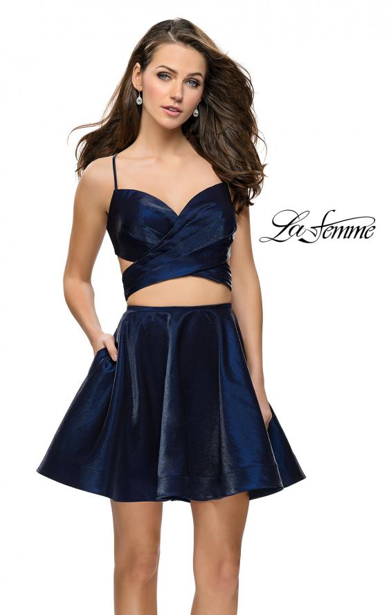 Picture of: Short Two Piece Homecoming Dress Set with Wrap Top in Navy, Style: 26683, Main Picture