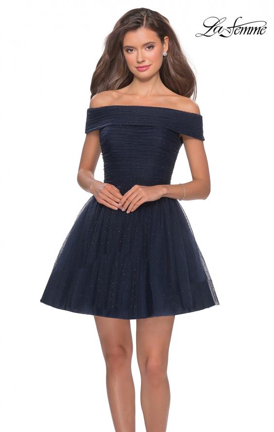 Picture of: Short Off the Shoulder Beaded Homecoming Dress in Navy, Style: 28234, Main Picture