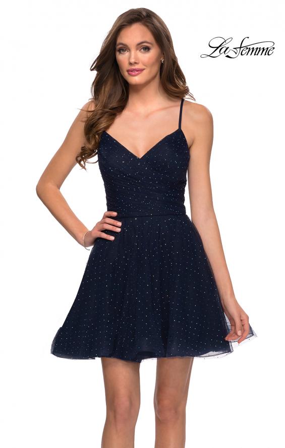 Picture of: Rhinestone Fit and Flare Party Dress with Tulle Skirt in Navy, Style: 29336, Main Picture