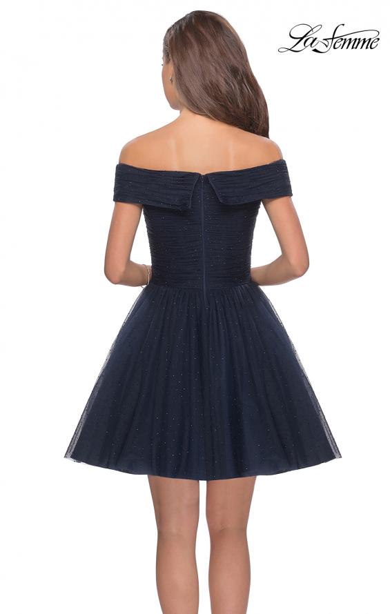 Picture of: Short Off the Shoulder Beaded Homecoming Dress in Navy, Style: 28234, Back Picture